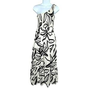 Abel The Label S Anthropologie One Shoulder Maxi Dress White Black Leaf Print